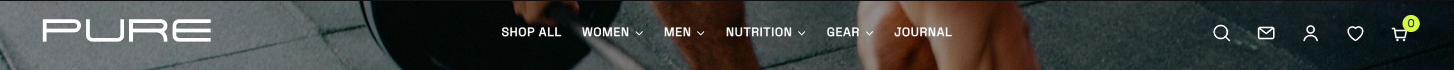 IRON header with the PURE logo, navigation and cart icons