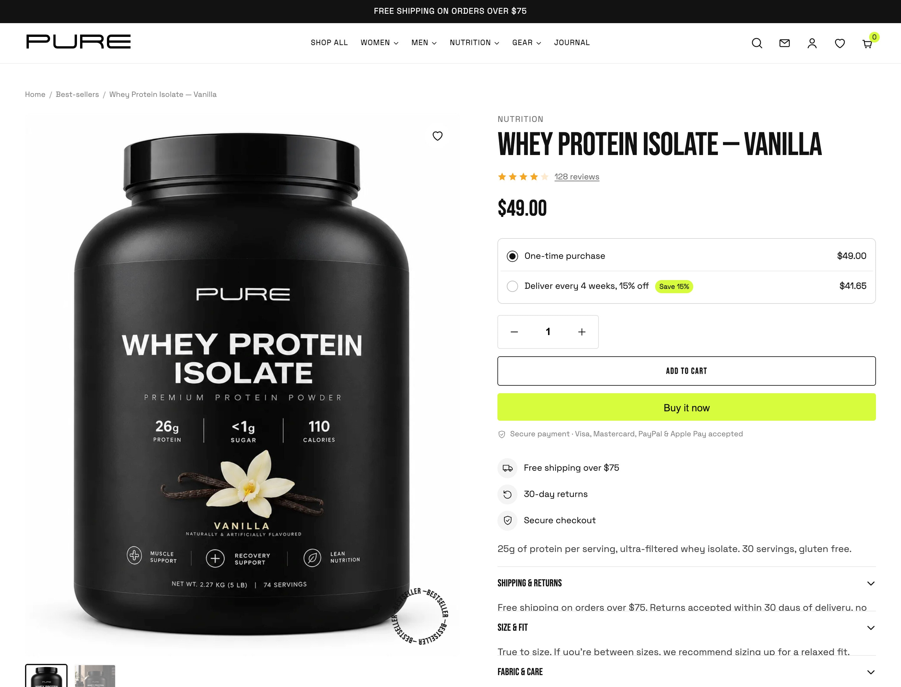IRON product page for Whey Protein Isolate Vanilla, with a choice between one-time purchase and a 15% off subscription